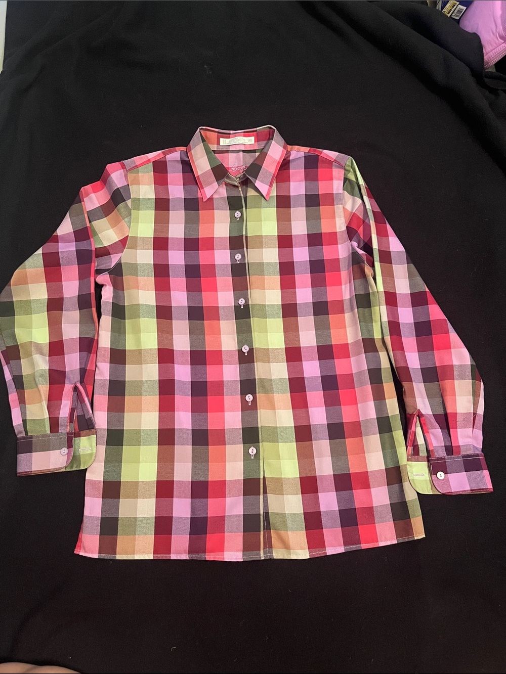 Foxcroft Women’s Plaid Button-Down Shirt in Pink, Green, Red and Purple